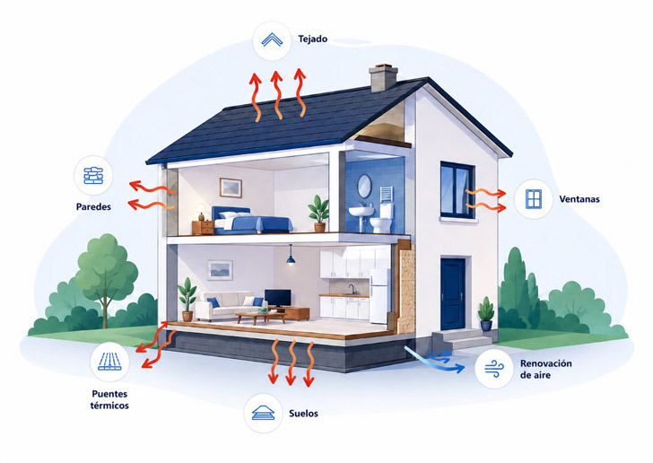 Ilustración de una vivienda mostrando las principales pérdidas térmicas